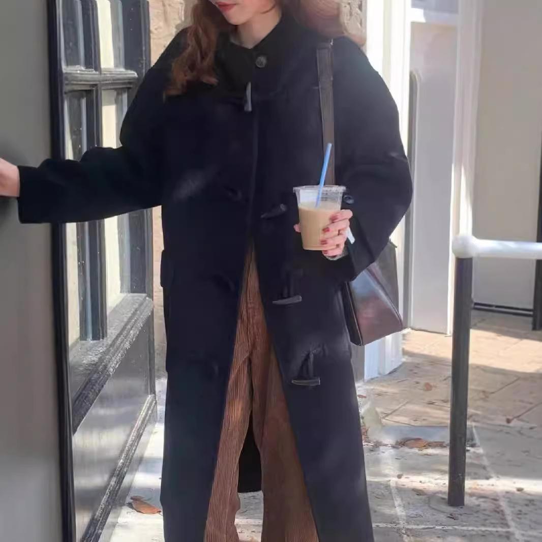 

New Horn Buckle Double-sided Wool Coat Department Wind Hooded Medium and Long M