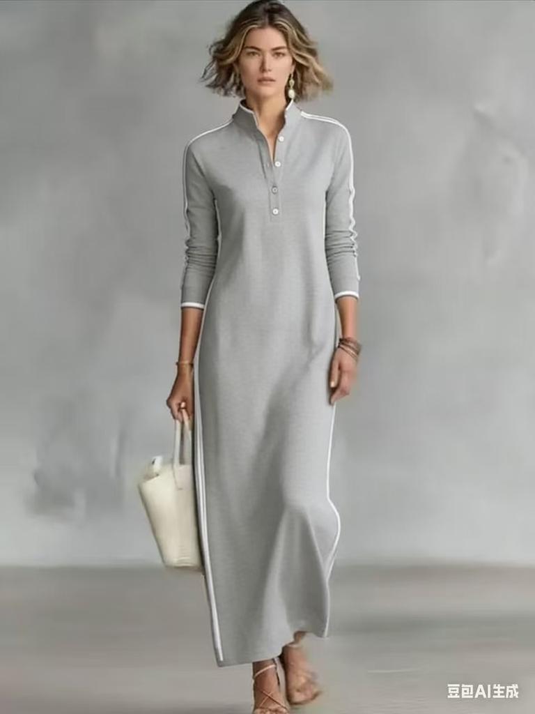 Black Long Sleeve Collar Dress with White Buttons and Stripes