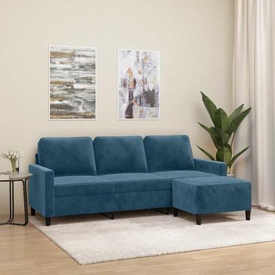 Vidaxl 3-Seater Sofa with Footstool, Blue, 180 Cm, Velvet