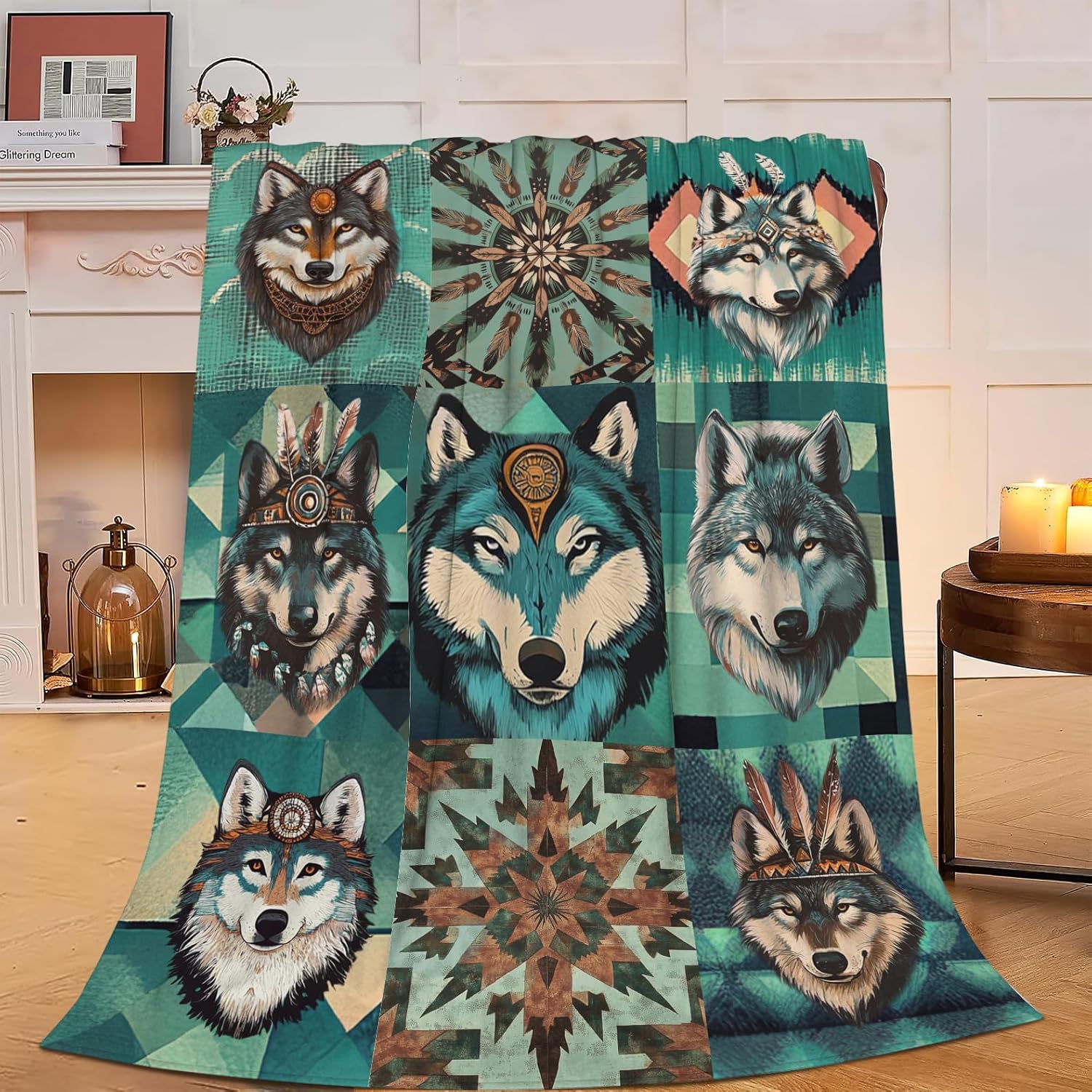 Wolf Blanket Cozy Soft Teal Wolf Flannel Plush Throw Blanket Warm Fluffy Wolf Wild Animal Fleece Bedding Stuff Decor Blanket 75X95CM