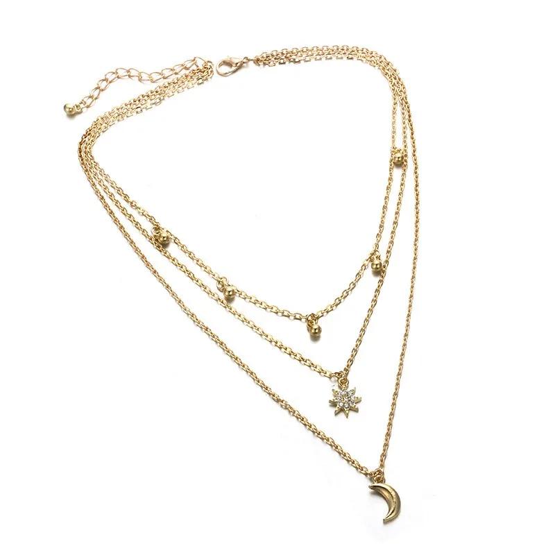 New Boho Vintage Multi Layered Crystal Pendant Necklaces for Women Luxury Gold Color Moon Cross Star Choker Chains Party Jewelry