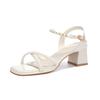 Silver High-end Sandals Women's Thick Heel Summer New Pearl One-word Buckle Open-toed High Heels Women's Middle Heel