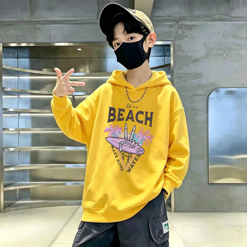 Trendy Children's Hooded Sweatshirt with Cool Beach Surfing Skull Print, for Boys and Girls, Baby Pullover Sweatshirt
