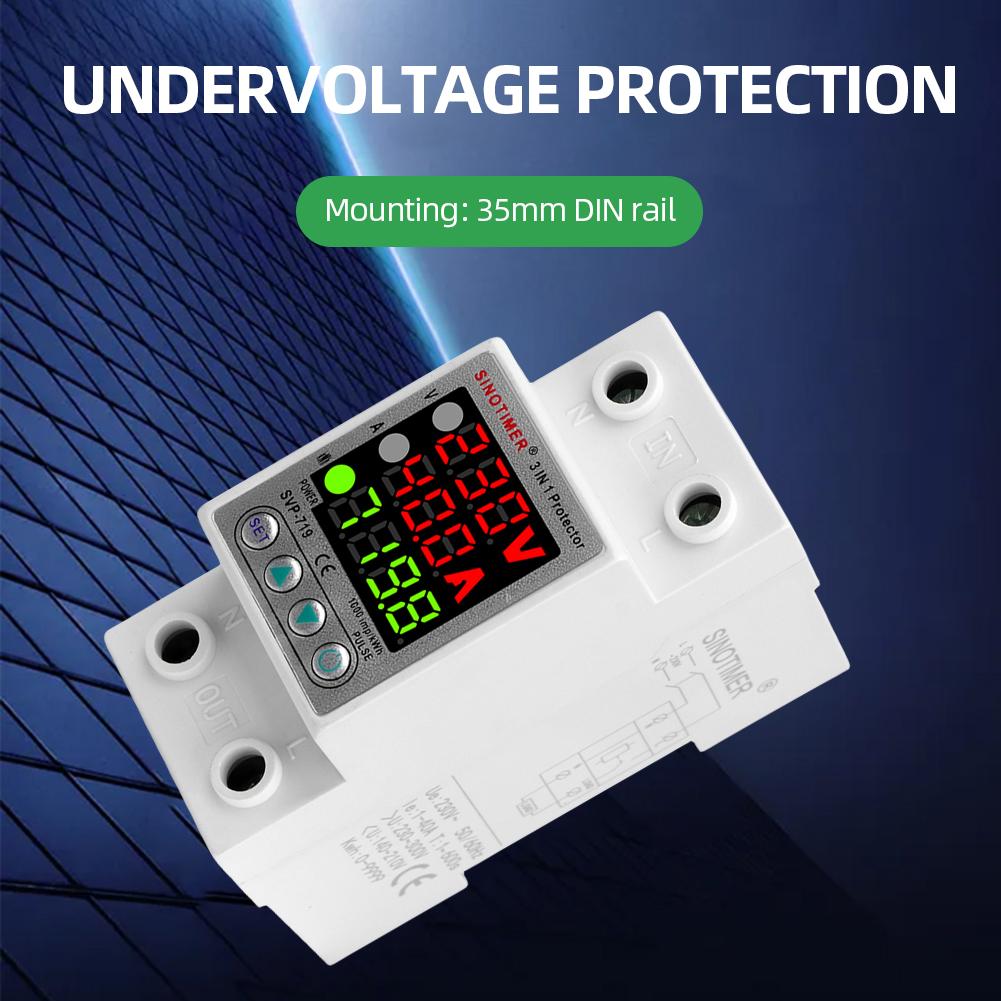 220V 40/63A Adjustable Over Under Voltage Protective Device Din Rail Adjust Voltage Relay Current Protection Limit Voltmeter