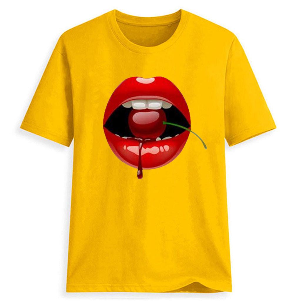 Women Girls Plus Size Lips Print Shirt Short Sleeve T Shirt Blouse Tops