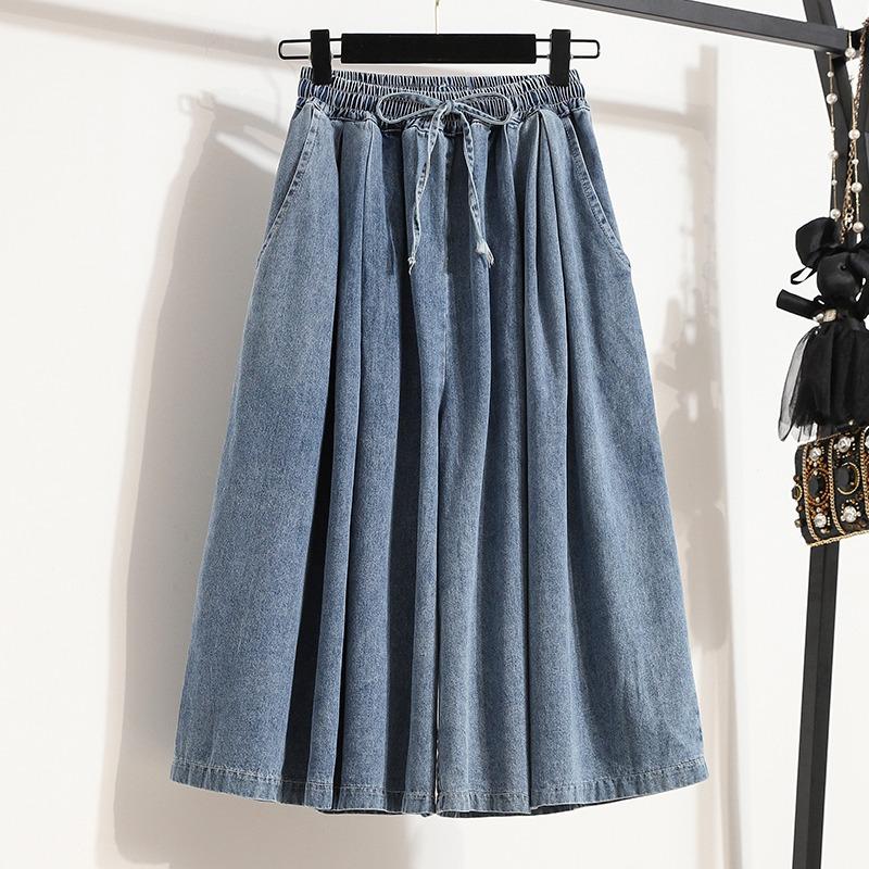 DIMANAF 2026 Summer New Plus Size Women Loose Wide Leg Long Panst Denim Skirt Casual Elastic Waist Long Pants