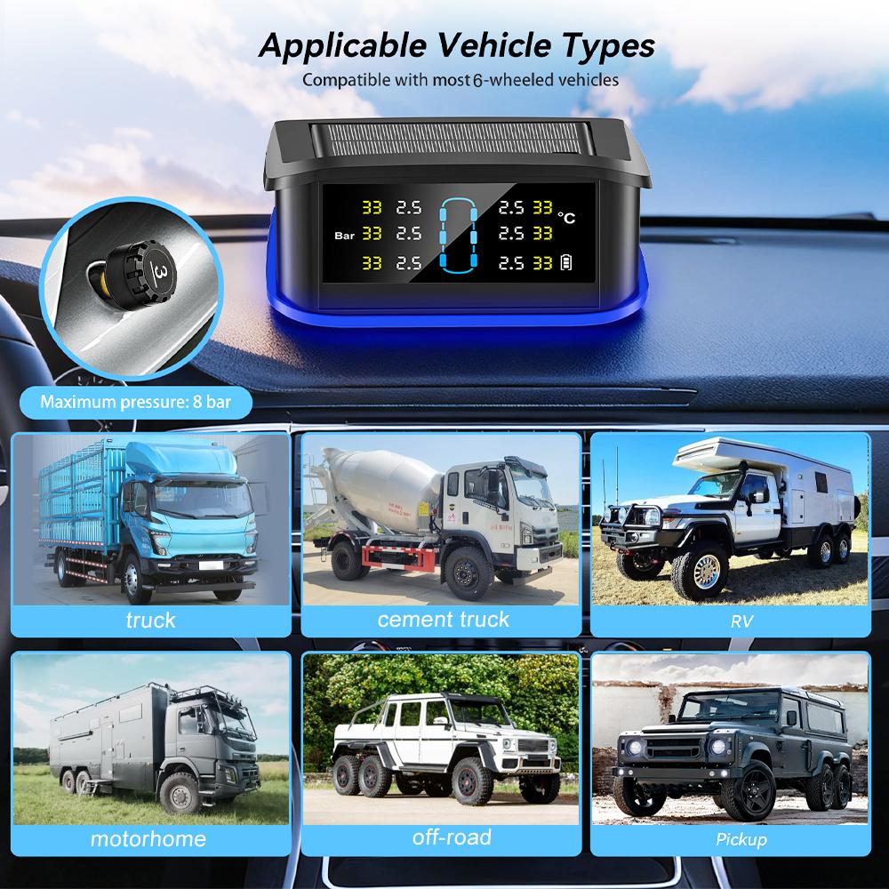 Monitoring system security alarm solar TPMS digital LCD display truck RV TPMS with indicator light warning car tire pressure alarm 6 external sensors