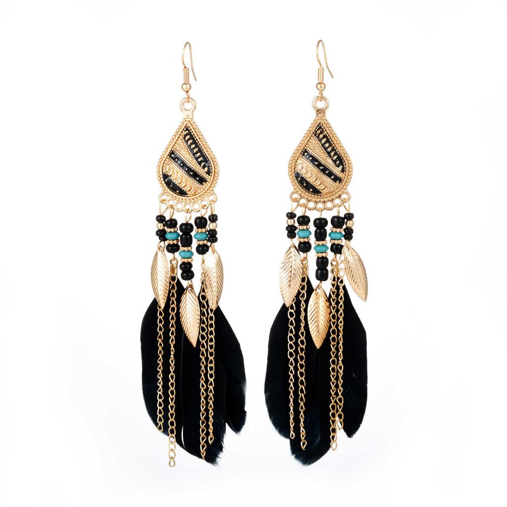 Vintage Bohemian Feather Tassel Earrings Exaggerated Ethnic Vacation Dangle Ear Jewelry Fashion Accessories For Women