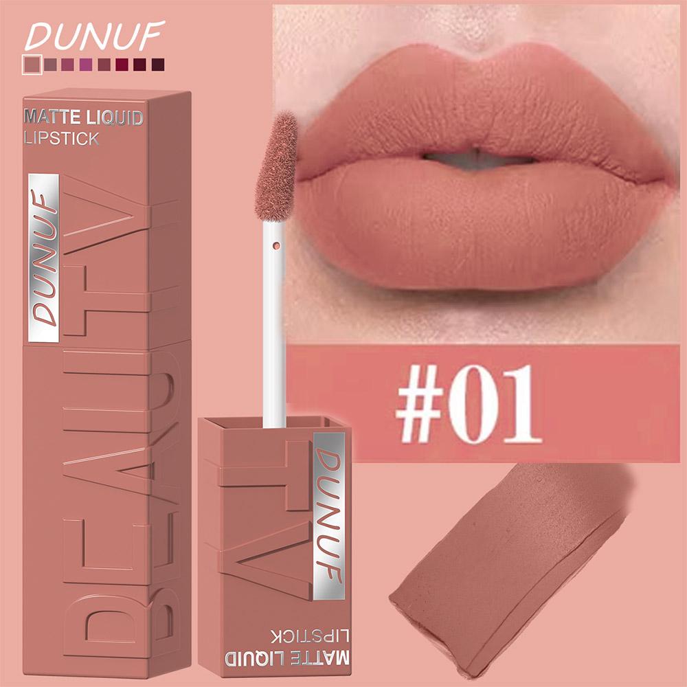DUNUF 8-farbiger matter Samt glatter einfach aufzutragender quadratischer Tuben-Lippgloss wasserfester dreidimensional aufpolsternder Lippenstift