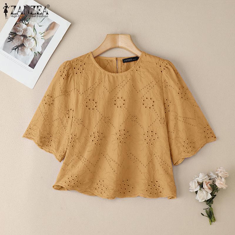 ZANZEA Dámská ležérní kulatý výstřih s krátkým rukávem a krajkovou výšivkou, letní halenka