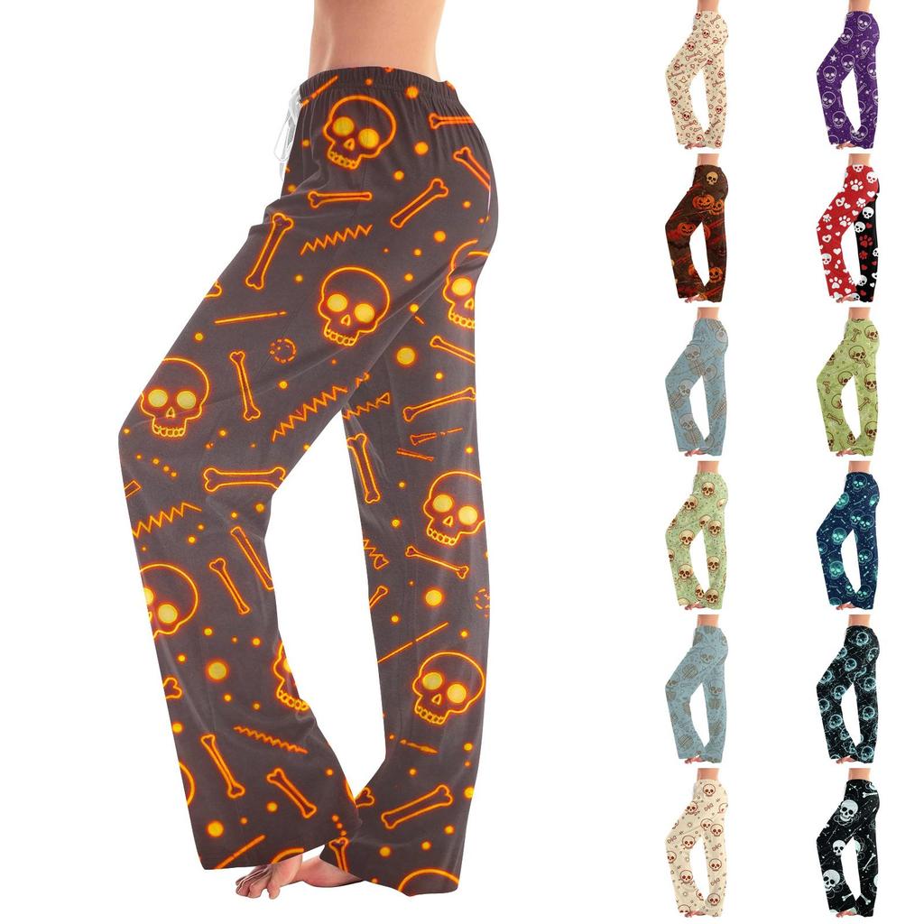 Women's Casual Pants with Drawstring Wide Leg Halloween Print for Holiday Relaxation