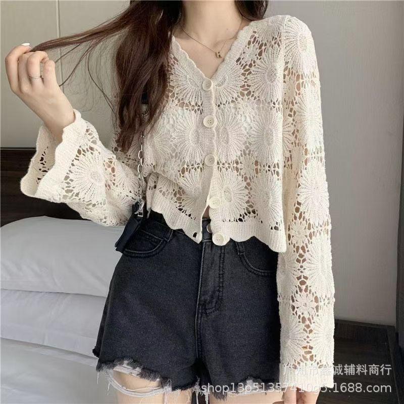 

Hook flower hollow lace-up knitted cardigan women s summer new bohemian vacation long-sleeved short shawl top one size fits all