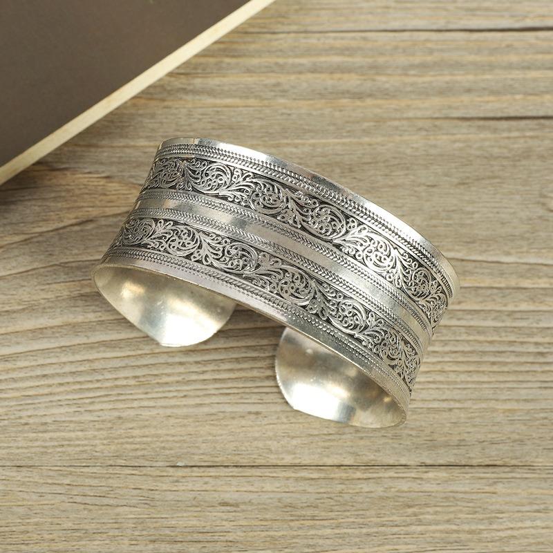 Retro Silver Bracelet Engraved Opening Wide Bracelet Fashionable Personality Miao Silver Old Antique Jewelry