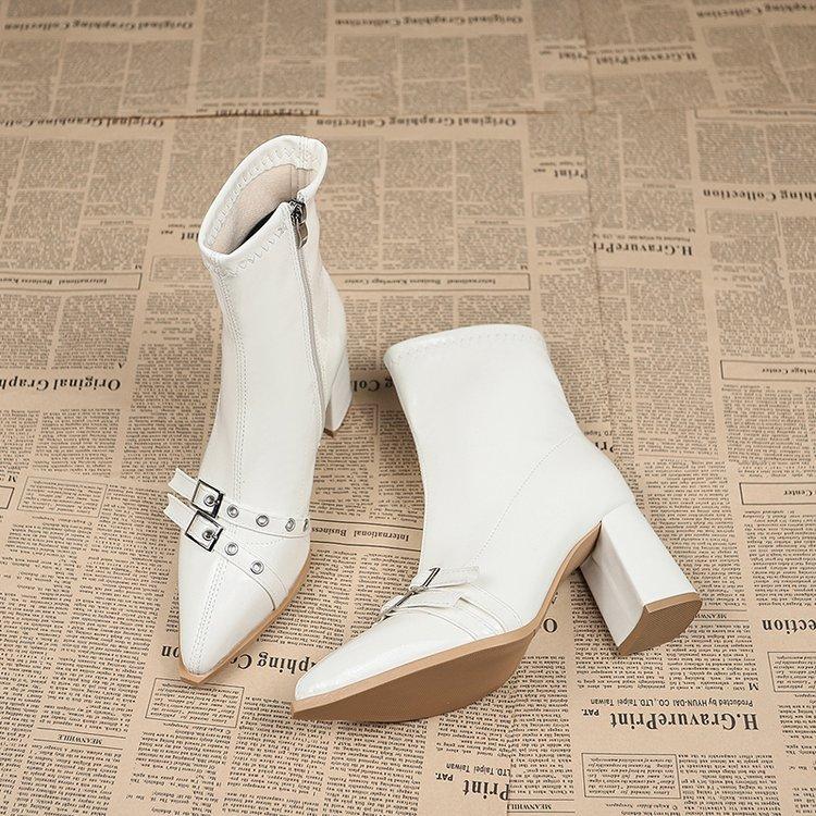 European and American zipper 2025 autumn and winter retro belt buckle versatile new pointed thin short British Martin short boots