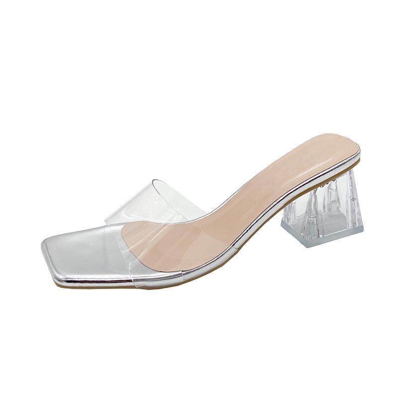 Transparent crystal slippers for women's outer wear 2025 summer new thick high-heeled square-toed open-toed slippers for women's summer outer wear