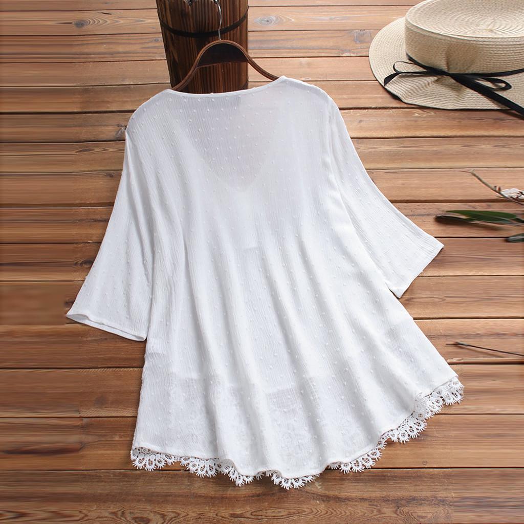 Women Vintage Three Quarter Lace V-Neck Plus Size Top T-Shirt Blouse