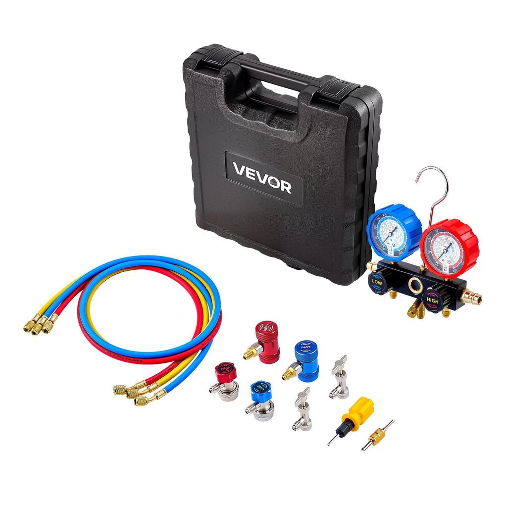 AC Manifold Gauge Set for R134a R404A R1234yf R22 Refrigerant, 3 Way AC Gauge with 1.5m Hoses, Adapters, Quick Couplers, Can Taps for Automotive Air