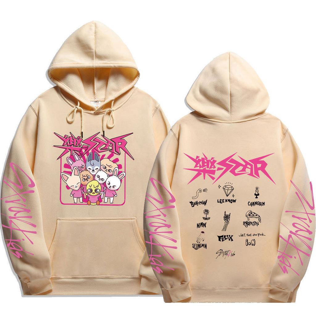 Stray Kids SKZOO Group Hoodie Rock‑Star Logo Prints & Back Members Names Doodle with Just Feel the Rock, Oversized K‑Pop Fan Pullover