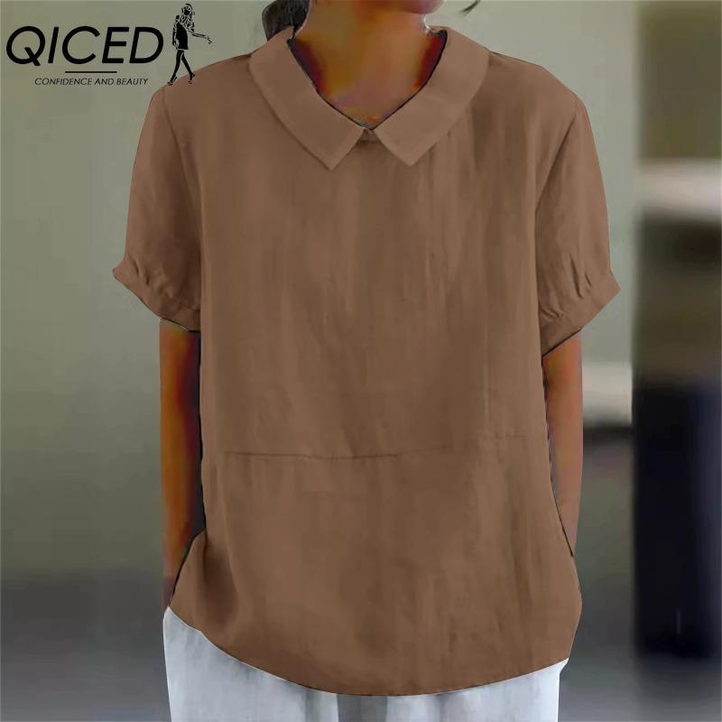 

QICED Женские модные повседневные однотонные блузки и рубашки с короткими рукавами и воротником-поло с принтом XXXL хаки