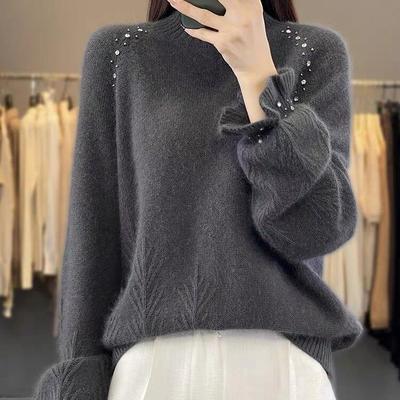 Damen Herbst- und Winterpullover Verdickt Locker Lässig Halboher Kragen Prinzessinnenärmel Kaschmir Basis Pullover