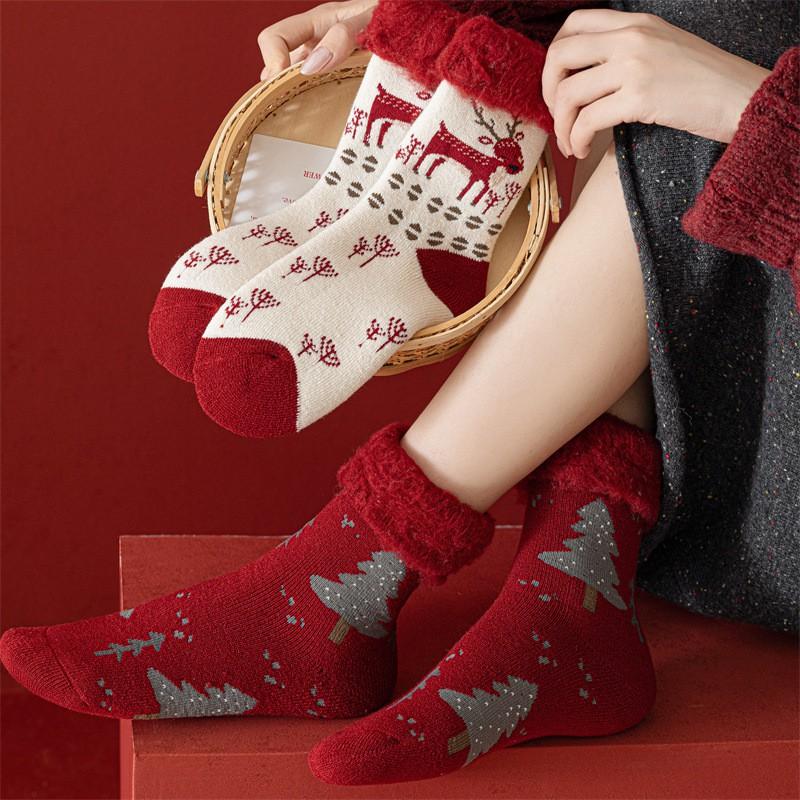 Womens Thick Fleece Lined Christmas Socks Mid-Calf Warm Winter Holiday With Reindeer