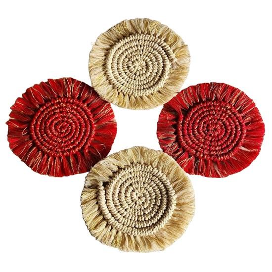 Christmas Theme Macrame Round Set of 4 Coasters Bohemian Style, Handmade for Tea Cups, Coffee Mugs, Beer Glasses,