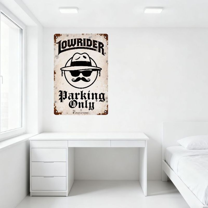 Vintage Lowrider Parking Only Metal Tin Sign with Gothic Text & Gangster Aesthetic Distressed Wall Decor for Bar Man Cave Garage