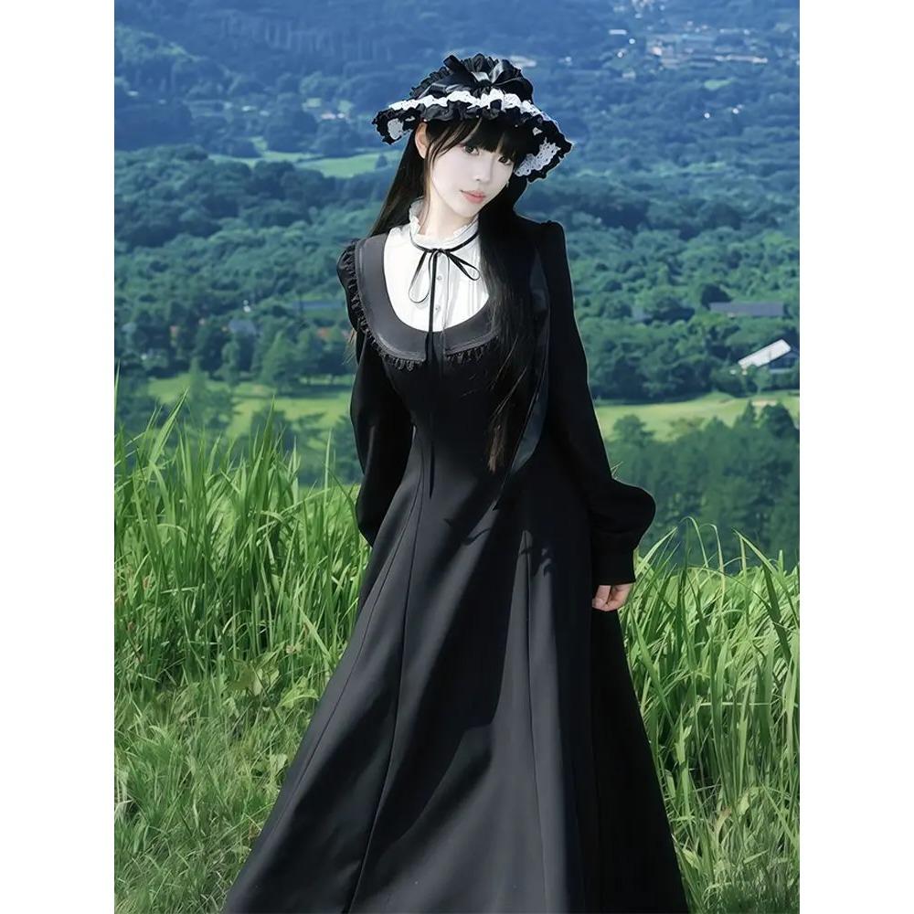 Vintage Balck Y2k Midi Dress Sweet Harajuku Gothic Long Sleeve Dress Autumn Winter A Line Lace Dress Women Korean Fashion