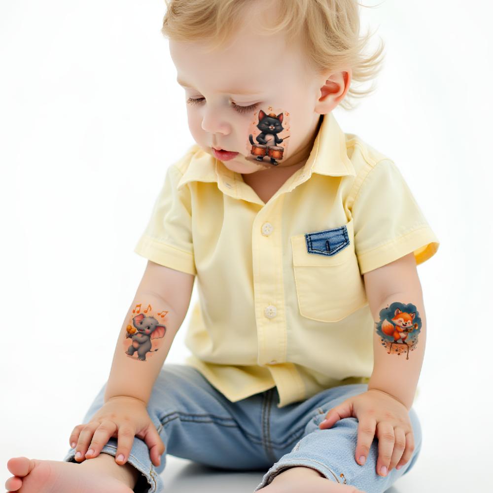 63pcs Temporary Tattoo Cartoon Characters Temporary Tattoo Stickers Musical Animals Waterproof Long-lasting Body Stickers For