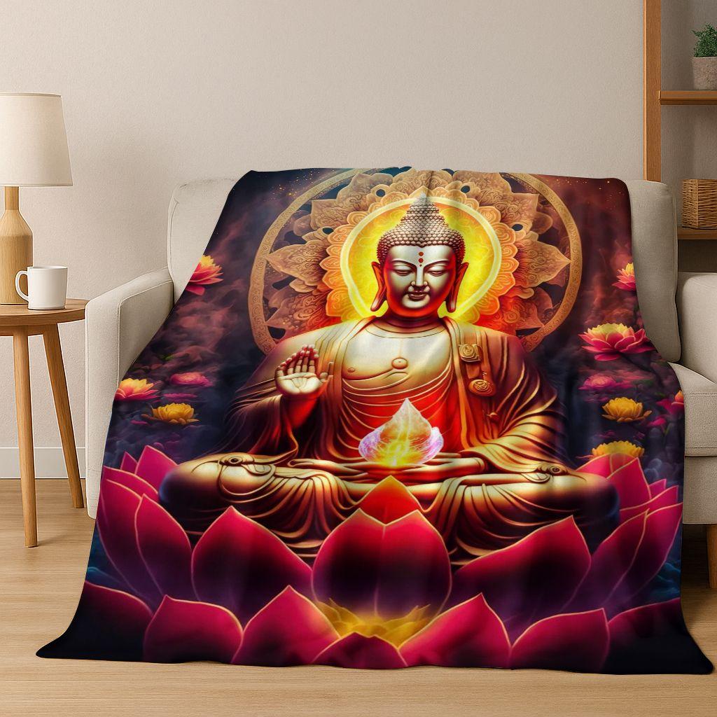 Faith Solemn Buddha Sakyamuni Flower Flannel Blanket,Cozy Soft Throw Blanket for Home Bedroom Bed Sofa Picnic Cover Gift Kids