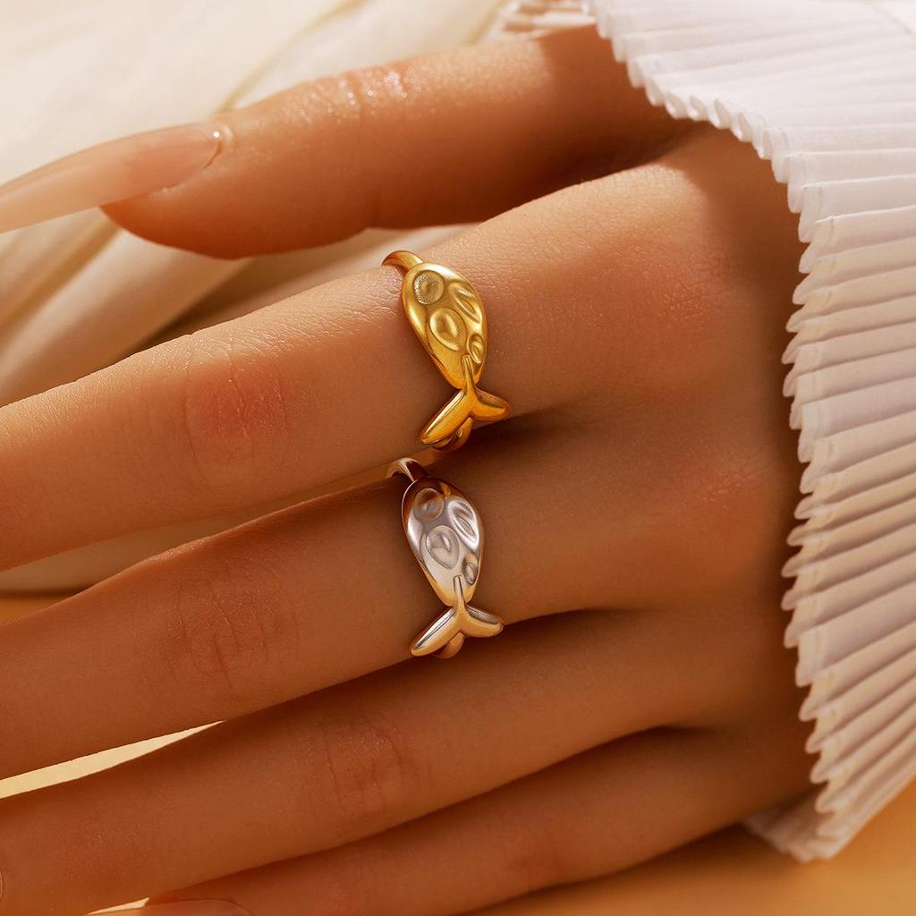 Women's Ocean Resort Style Small Fish Open Ring - Retro Baroque Stainless Steel Jewelry