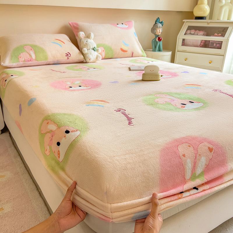 Winter Warm Flannel Fleece Bed Sheet Cartoon Flower Printed Thick Bed Sheets for Winter Single/Queen/King Soft Plush Bed Sheet