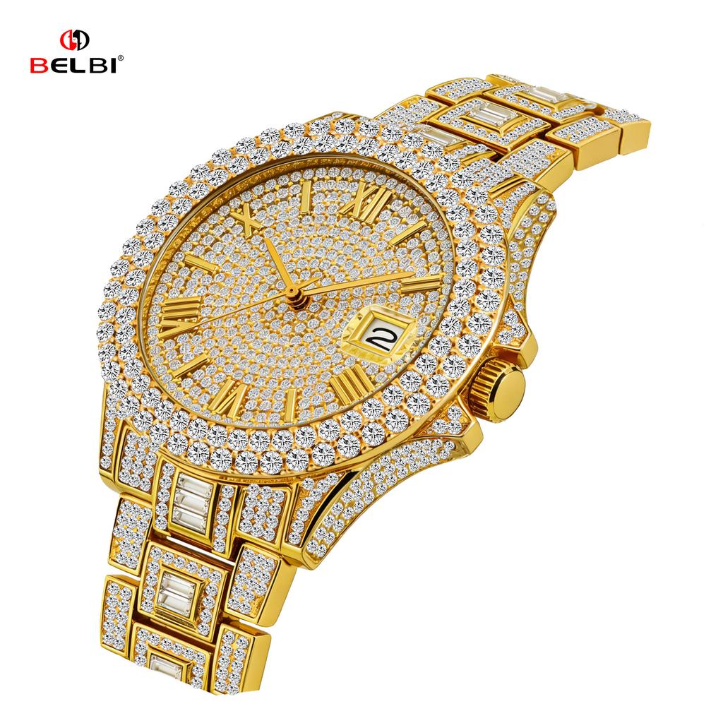 Men Luxury Full Diamond Quartz Watch Roman Numeral Date Display Iced Out Hip Hop Wrist Watch Waterproof