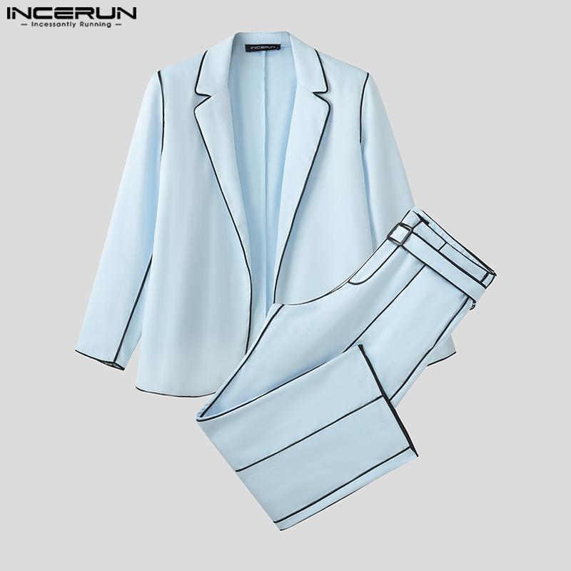 INCERUN Costume de toamnă supradimensionate din două piese pentru bărbați, blazer cu mânecă lungă cu cusături, seturi de pantaloni lungi drepți