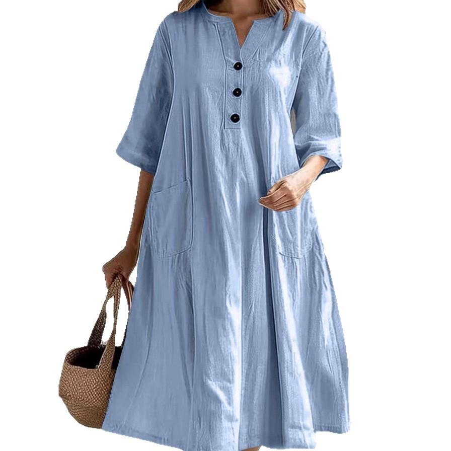 European and American women's dress women's medium and long V-neck half-sleeve loose version three-button pocket dress
