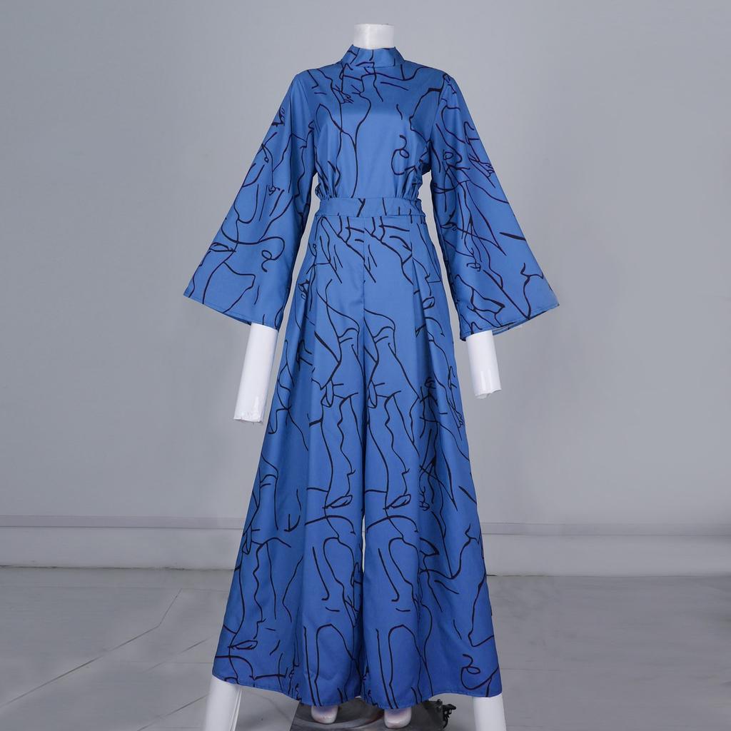 Women's Temperament Elegant Waist Drawstring Long Sleeve Hanging Neck Trousers Printed Jumpsuit