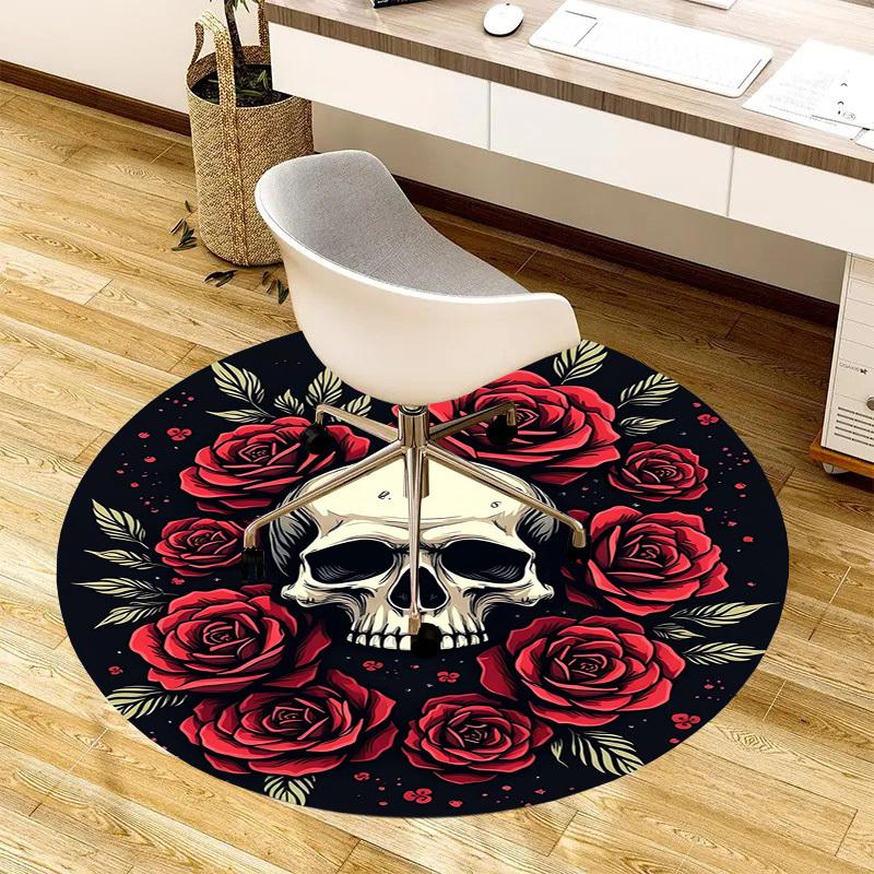 1pc Skull and Roses Tattoo Design Round Carpet, Made of Polyester,Perfect for Decorating Office Chairs, Living Rooms,Vibrant Decorative Rug