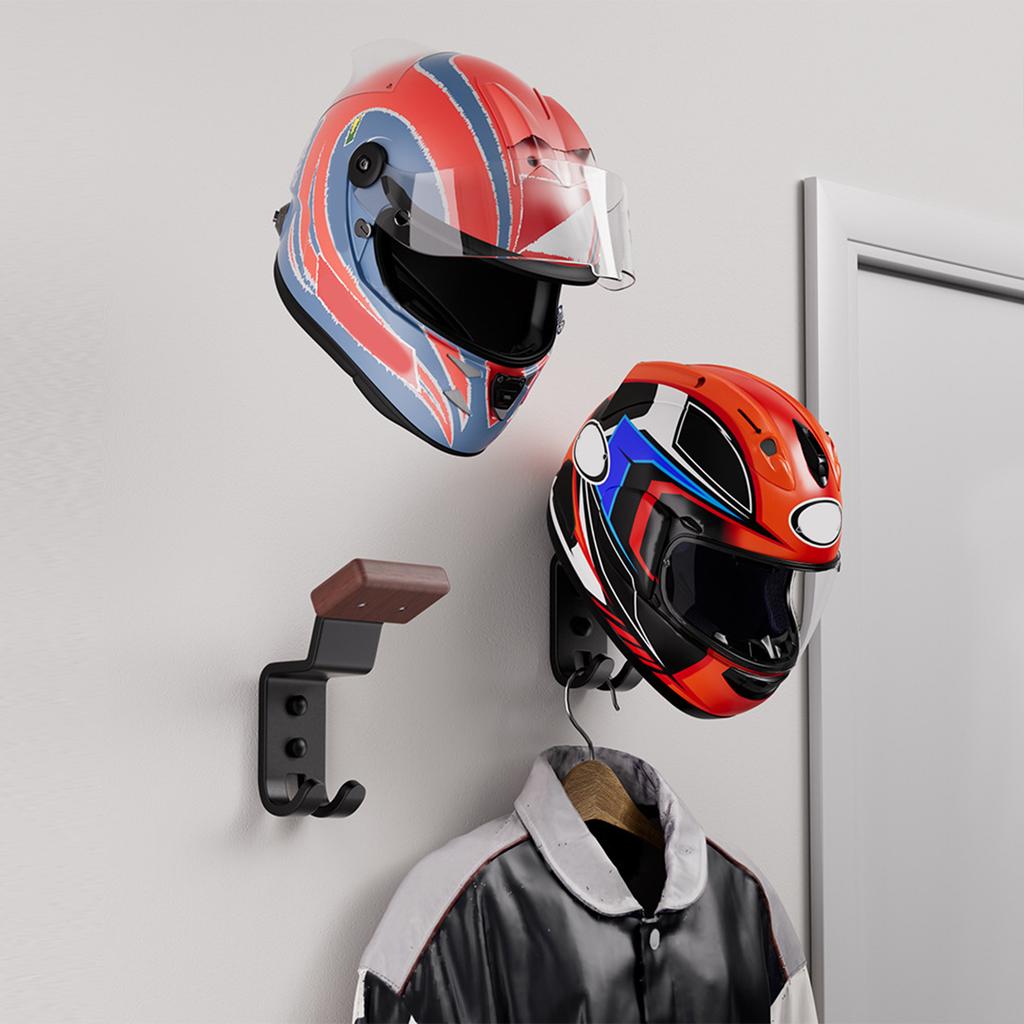 Motorradhelmhalterung mit Haken, Wandhalterung aus Metall und Holz, auch geeignet für Fußball-, Ski- und Motorradzubehör