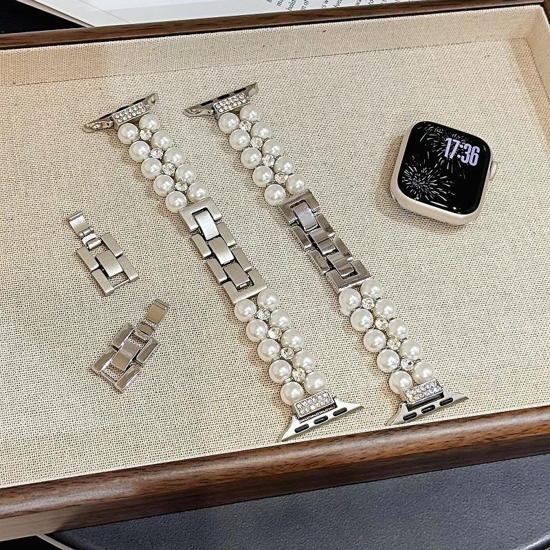 Pearl Beaded Bracelet for Apple Watch Band 49/46/45/44/42/41/40/38mm Women Chic Diamond Metal Wristband Strap for iWatch S10 9 8