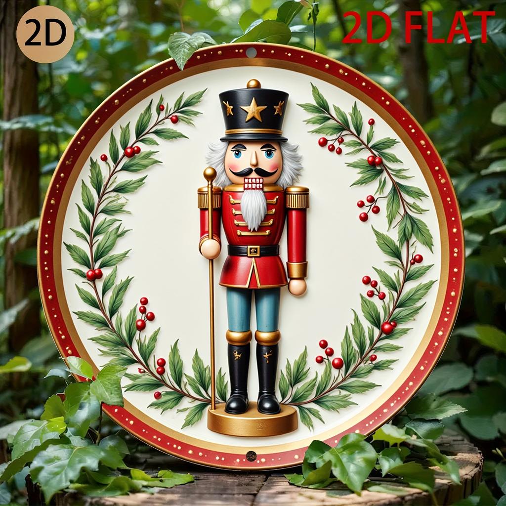 Classic Christmas Nutcracker Soldier Round Metal Sign D Flat Printed Festive Holly Wreath Art Tin Plaque Traditional Holiday