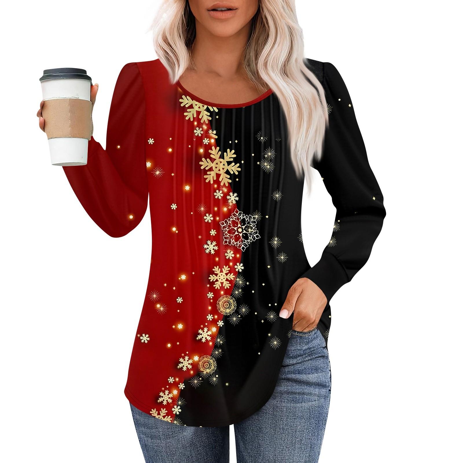 

Рубашки с длинным рукавом для женщин, топы, нарядные повседневные блузки с рождественским принтом, плиссированные туники с круглым вырезом XXL