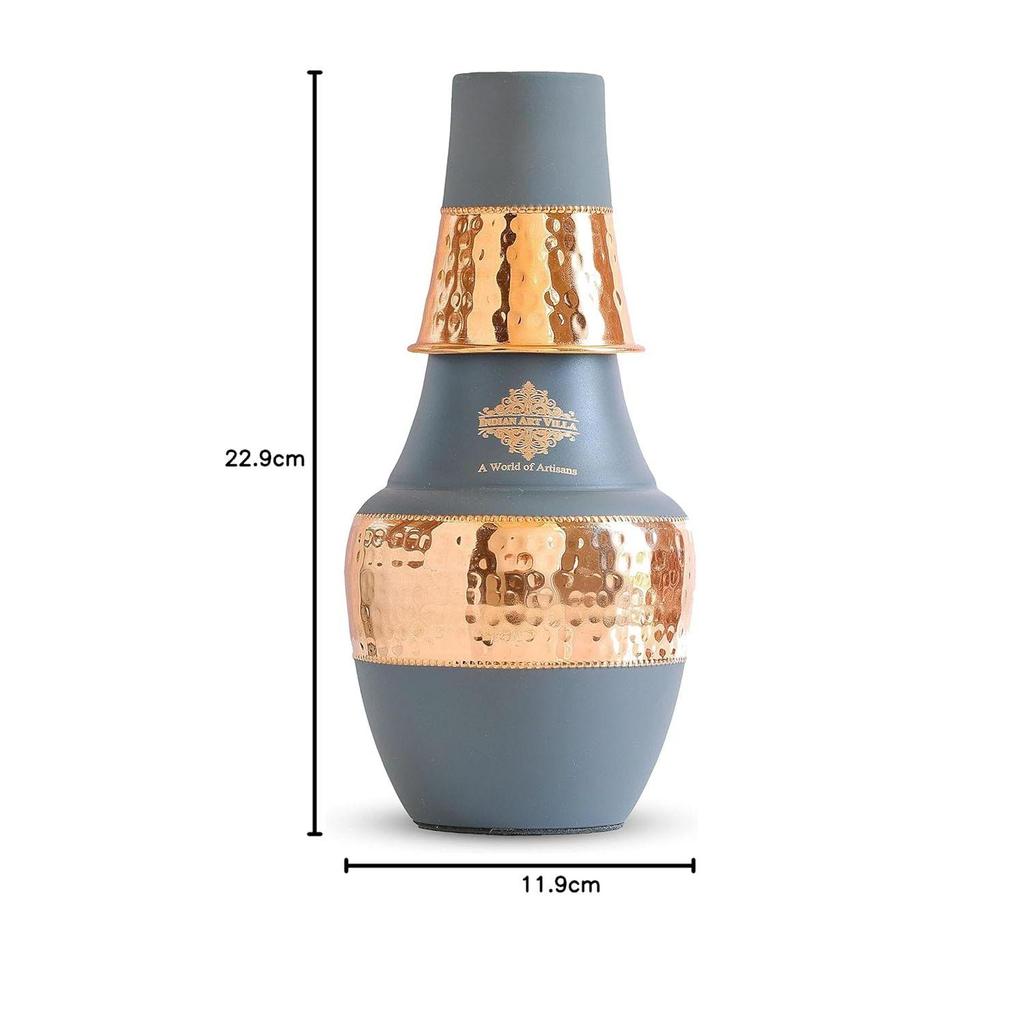 Pure Copper Printed Drinkware with Ayurvedic Health Benefits, Inbuilt Glass, Bedroom Water Bottle for Storage Purpose Set of 1