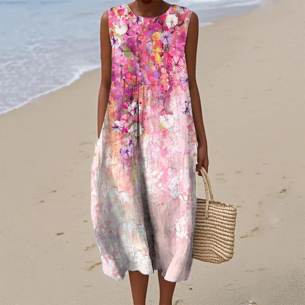 Summer European and American women's new sleeveless seaside vacation D printing dress