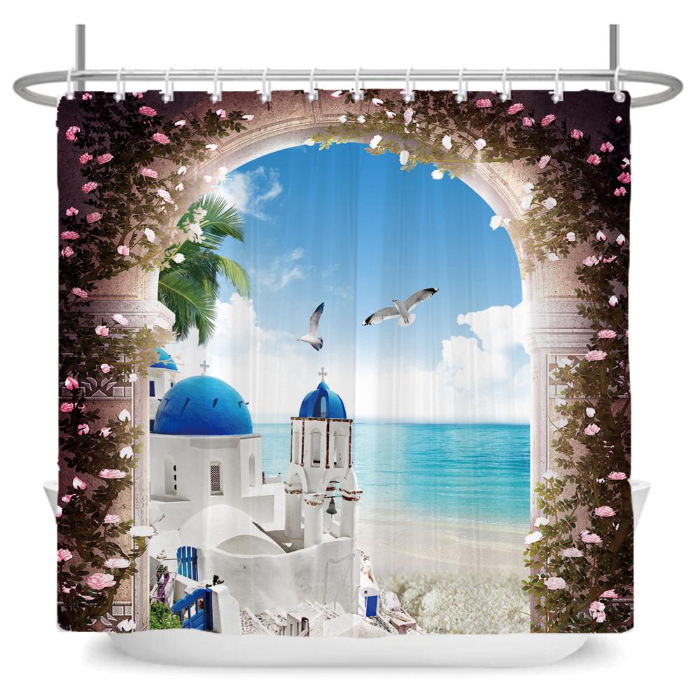 Beautiful Pastoral Garden Scenery Shower Curtain Rose Garden Flower Polyester Waterproof Bathroom Shower Curtain Decor Curtain