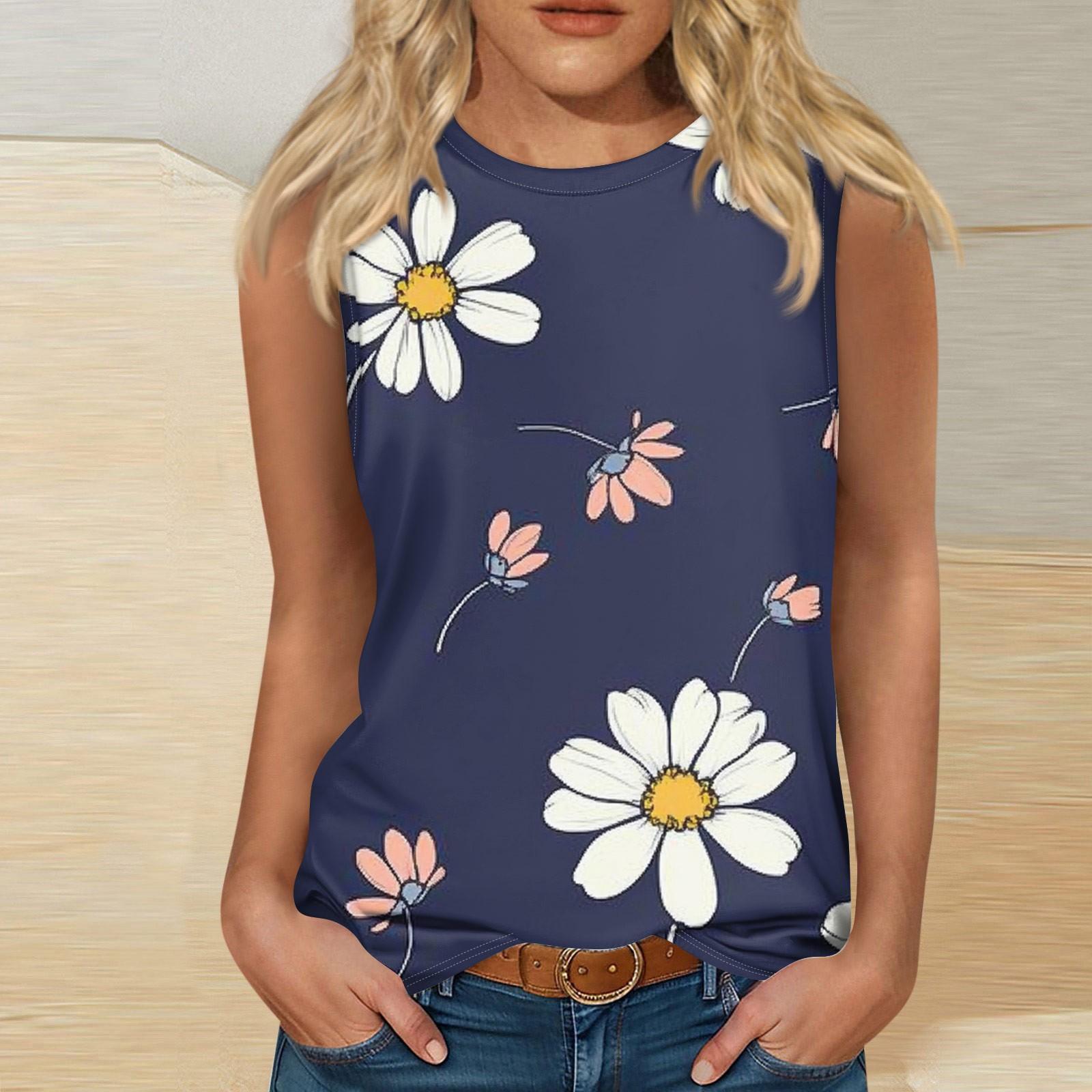 

Жіночі повсякденні туніки, які можна носити з легінсами без рукавів Літні принти Сорочки Майки Блузки XXXL Темно-синій