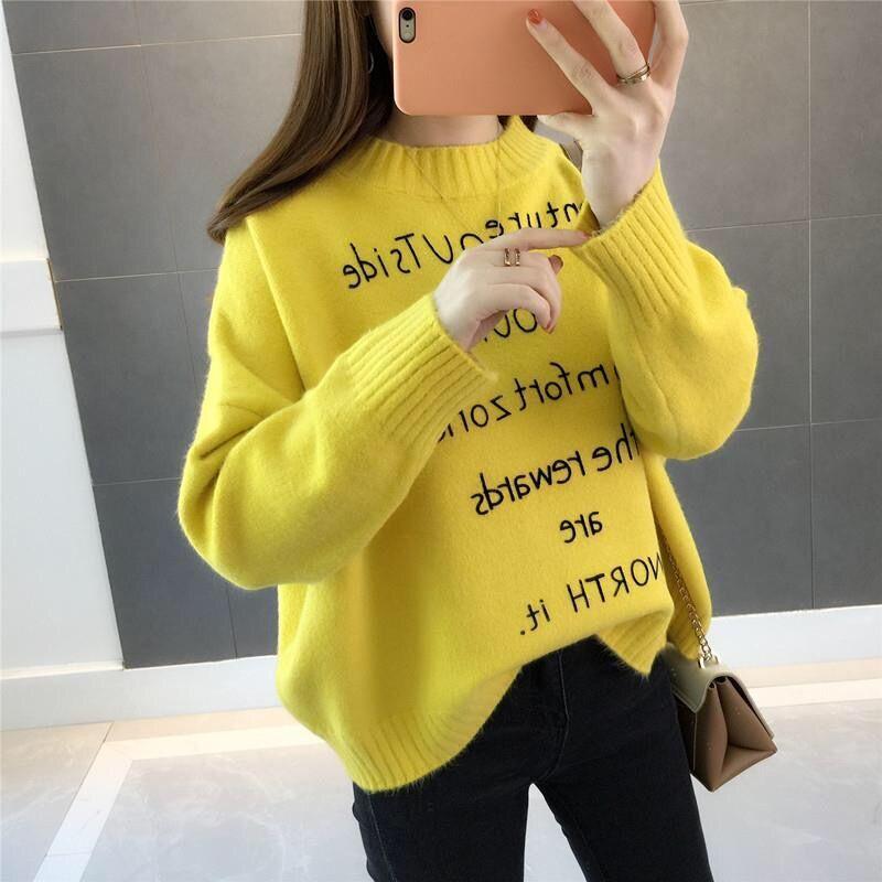 

Плюшевый и толстый пуловер в ленивом стиле, короткий свитер с буквами, женский свободный корейский студенческий модный универсальный трикотаж 2XL жёлтый