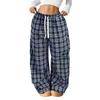 Women's Casual Relaxed Fit Elastic Waist Tie Waist Plaid Pants