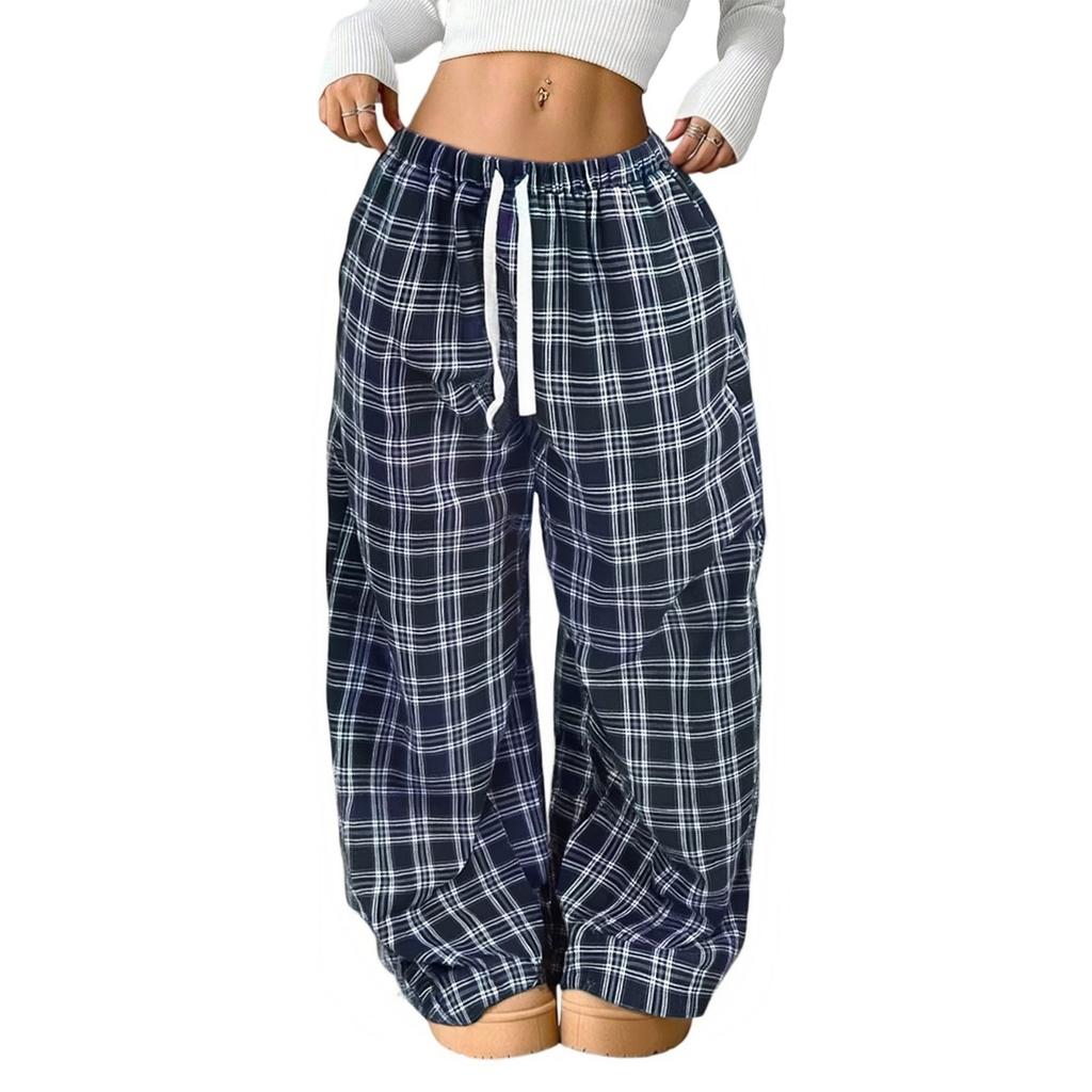 Women's Casual Relaxed Fit Elastic Waist Tie Waist Plaid Pants