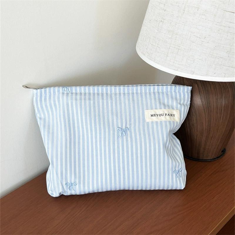 1 шт. Полосатая косметичка для женщин, Синяя косметичка с бантом, Дорожная косметичка с молнией, Милый эстетичный органайзер