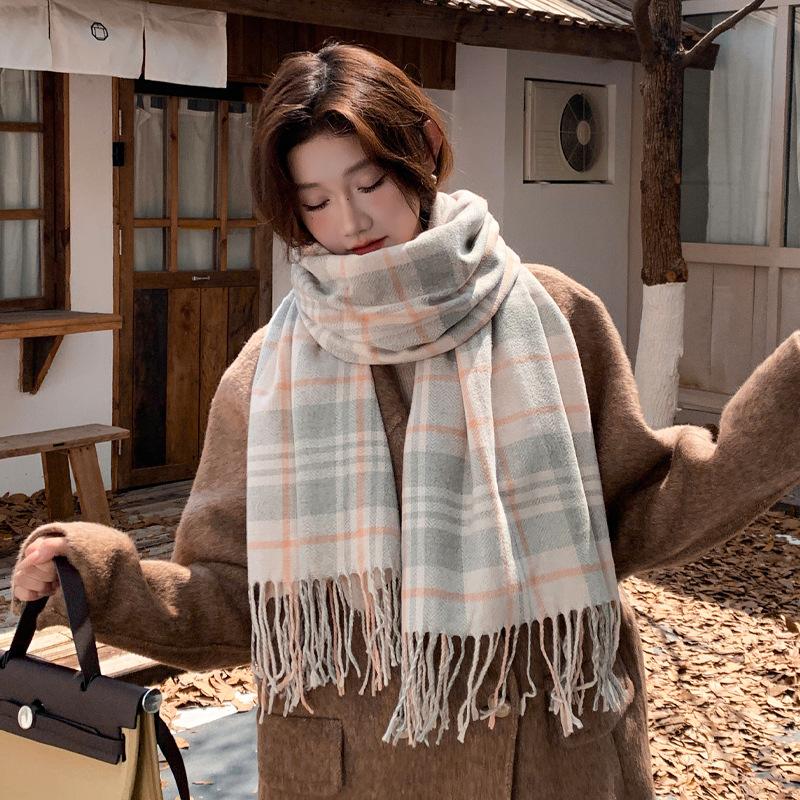 New British College style imitation cashmere plaid fringed scarf women's Japanese and Korean striped lady couple scarf